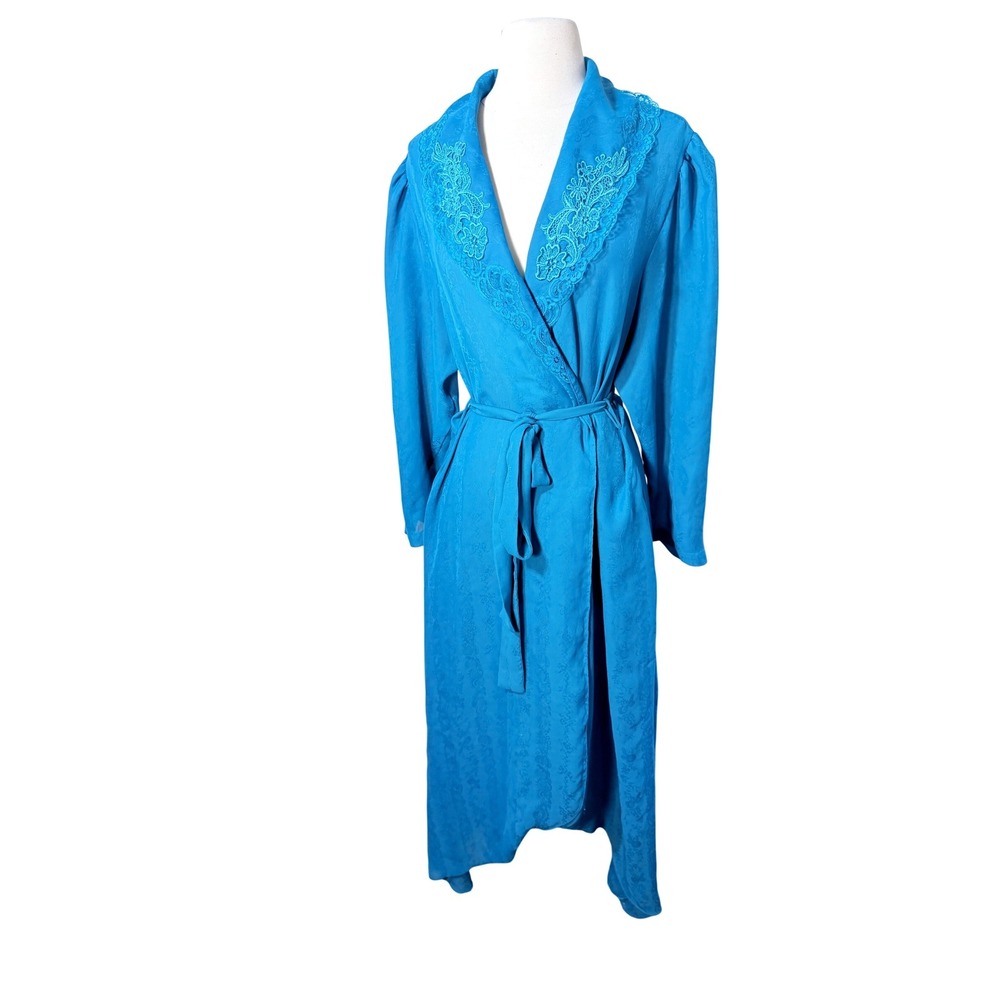 Vintage Victorias Secret Gold Label Blue Jacquard Lace Trim Robe Medium